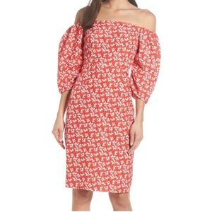 Chelsea28 Red and White Off-Shoulder Puff Sleeve Sheath Midi Dress